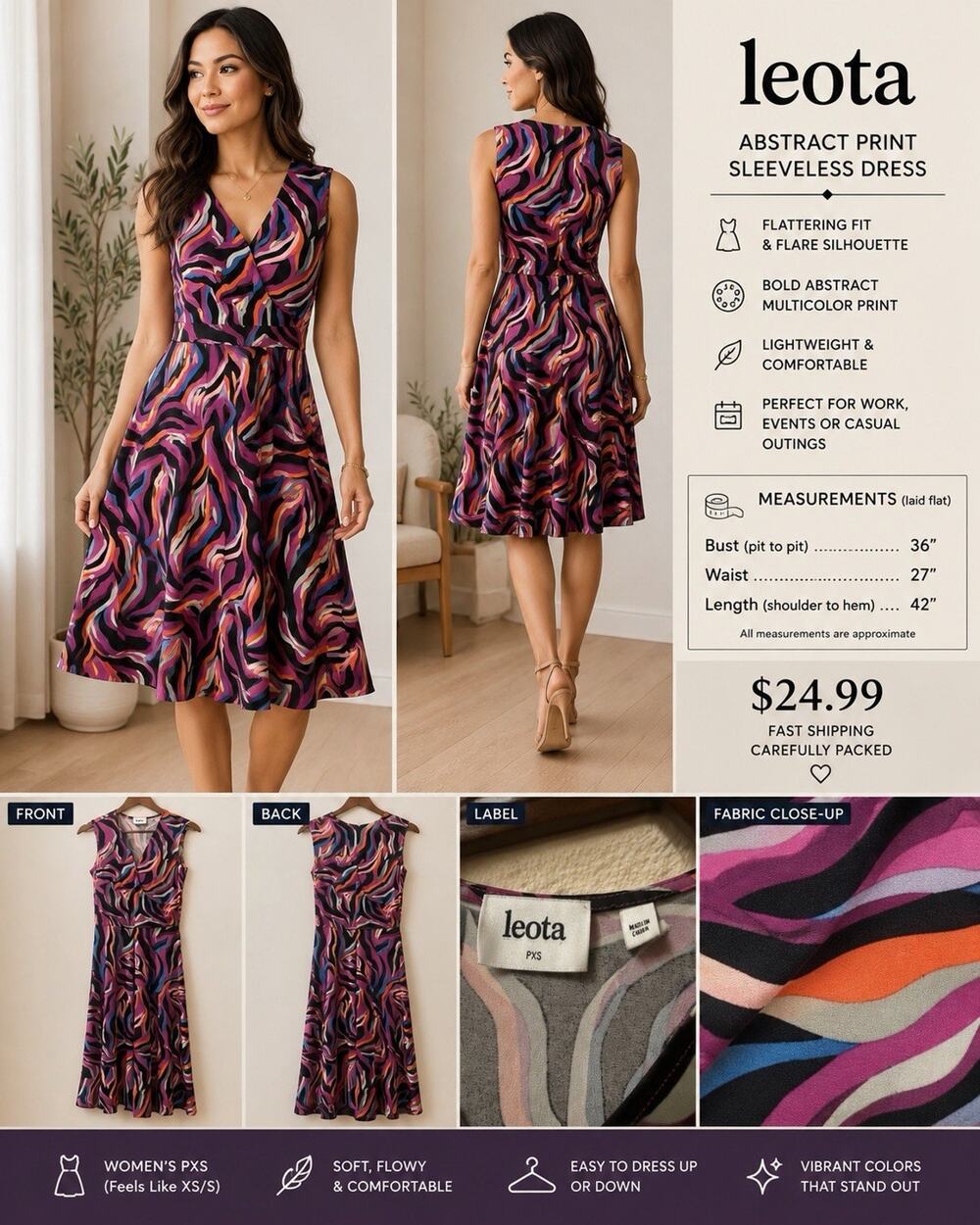 Leota PXS Abstract Swirl Print Sleeveless Fit & Flare Midi Dress Multicolor EUC